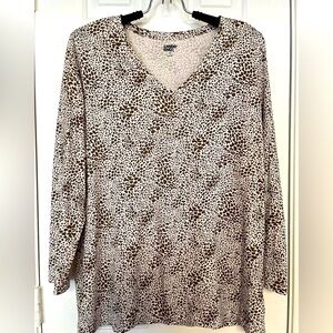 🌼 Lands End Womens V-Neck Brown & Cream Animal Print Top Size L / Tall